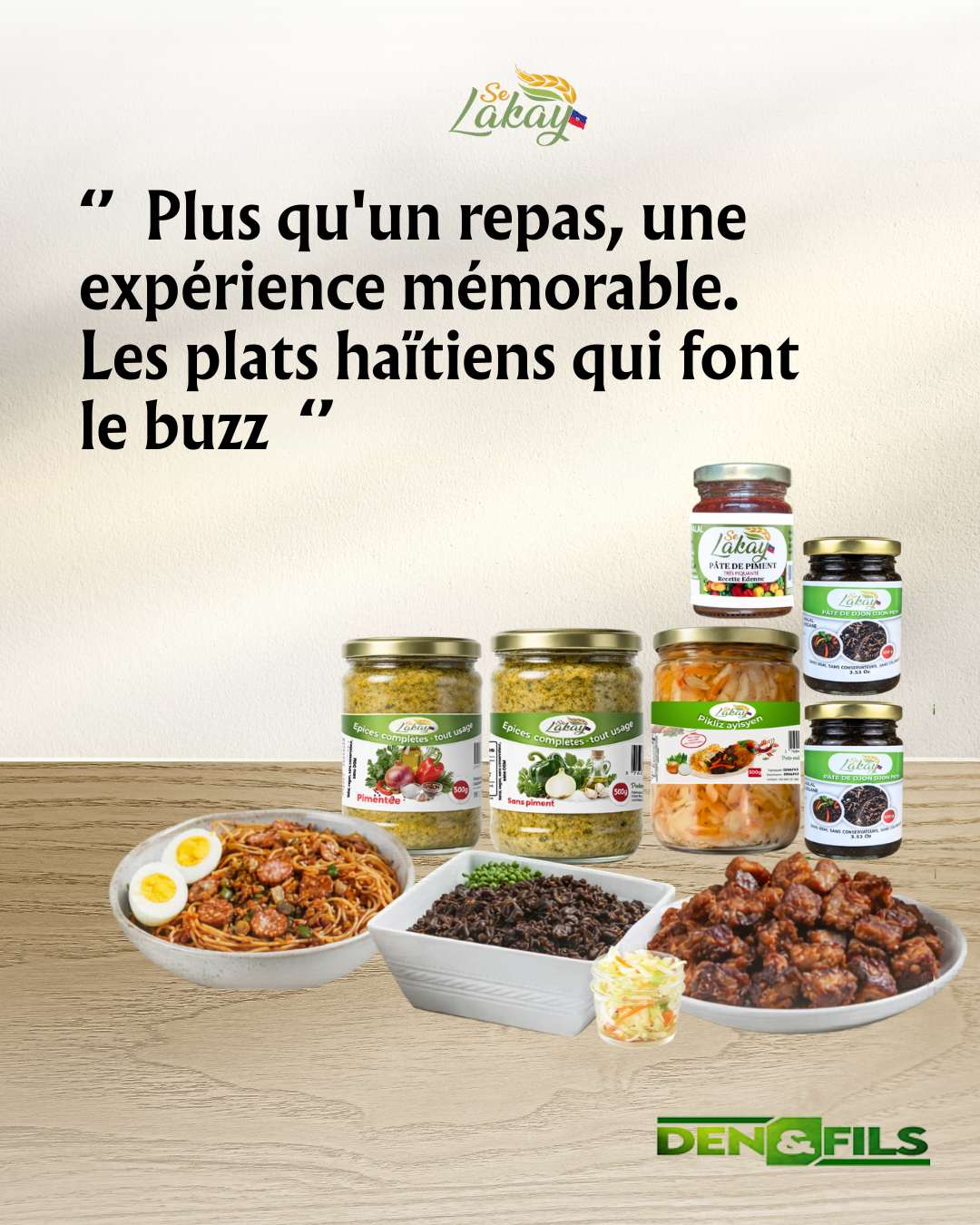 A complete collection of Selakay authentic Haitian condiments including Pikliz Ayisyen, Pâte de piment Edenne, and pâte d'épis Completes, Shown alongside traditional dishes like Riz Djondjon, Griot, and Haitian Spaghetti